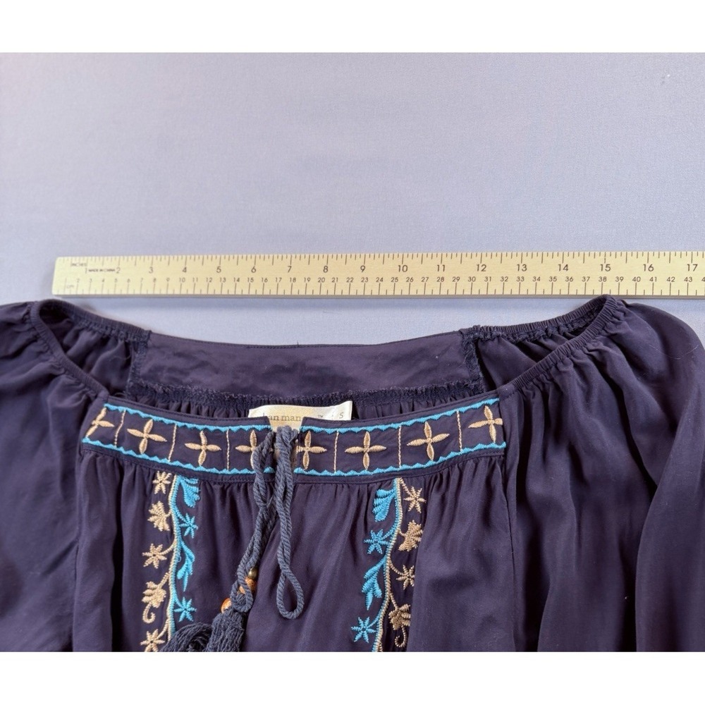Urban Mangoz Embroidered Boho Peasant Top Navy Blue Tassel Cotton Small - Picture 11 of 12